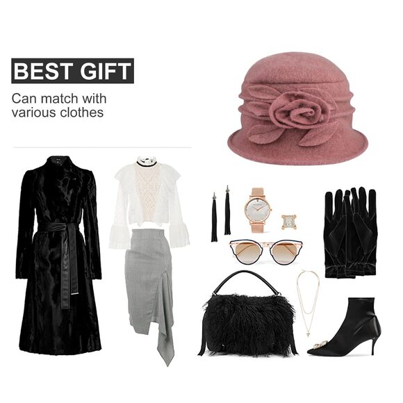 8166 Women Beret Hat French Vintage Floral Wool Dress Cloche Classic Winter main image 4